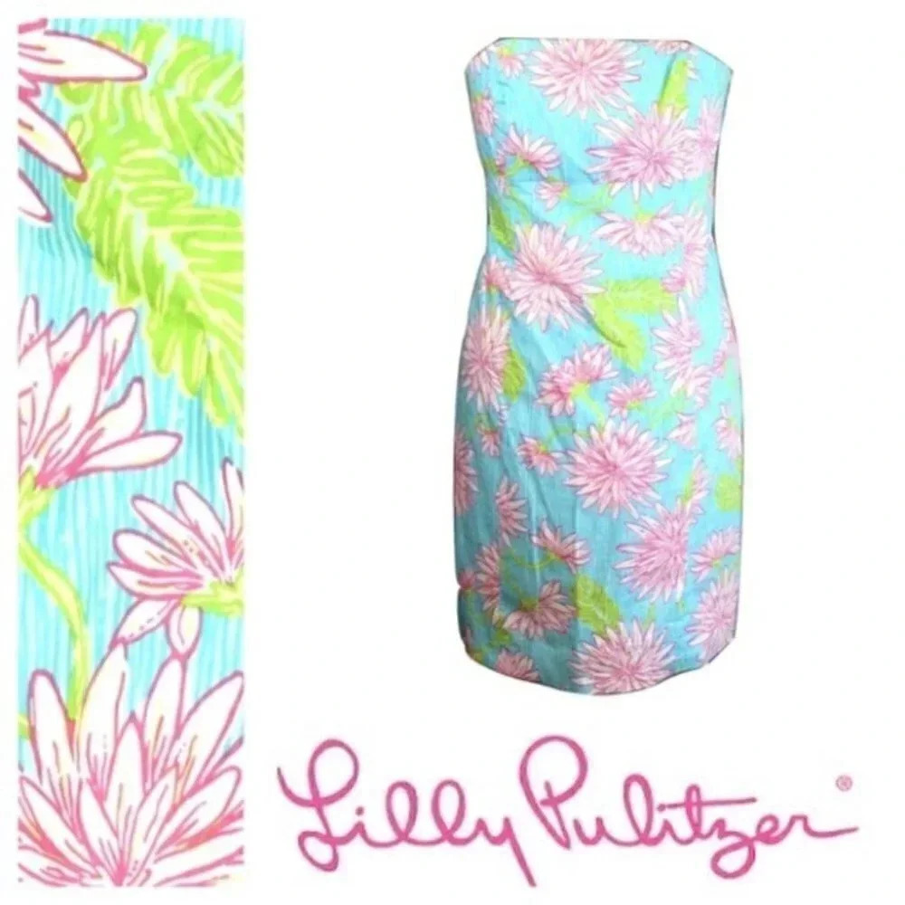 Lilly Pulitzer aqua floral strapless dress 0